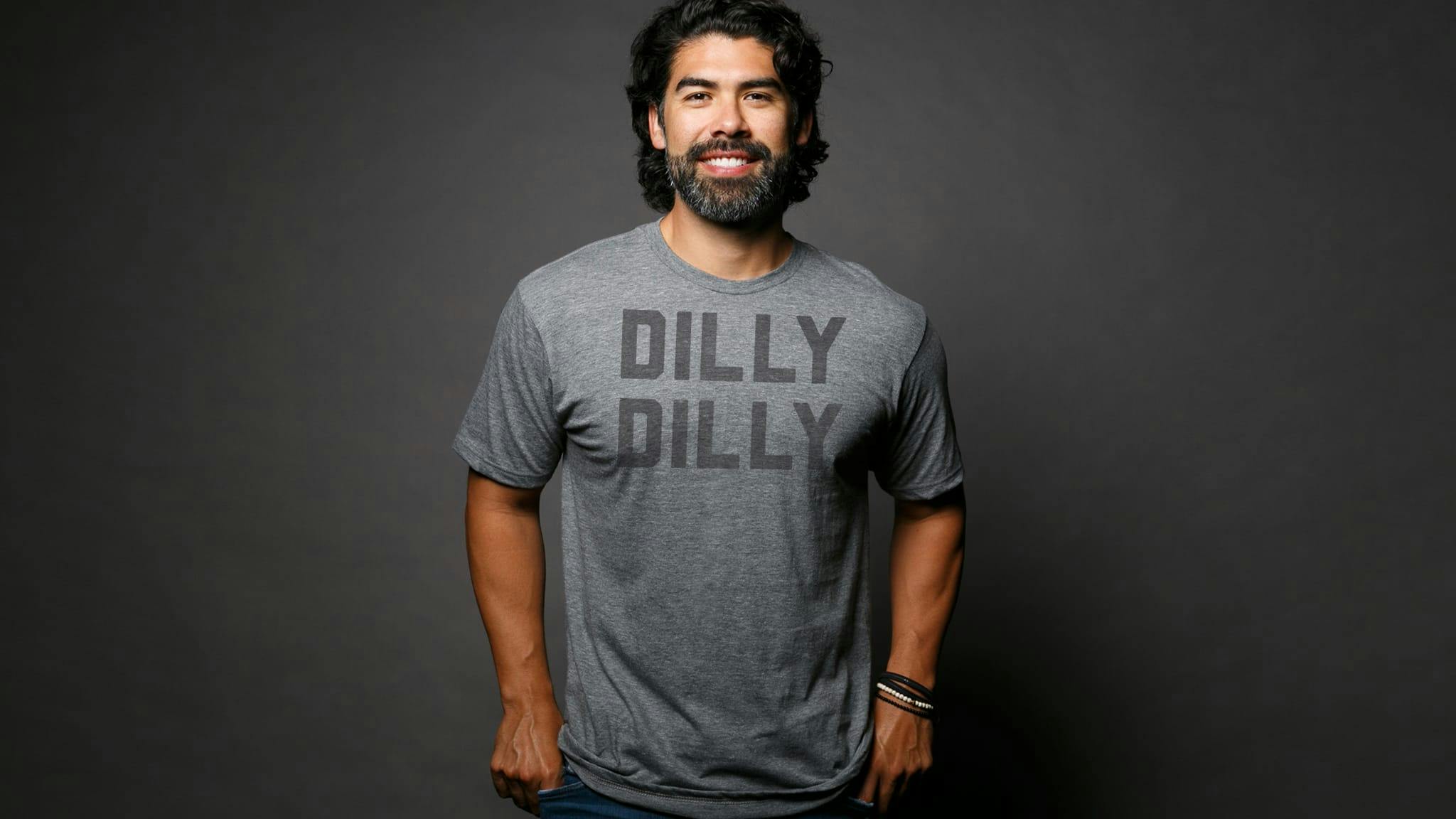 Model in Grey men's Dilly Dilly shirt for Buy Me Brunch